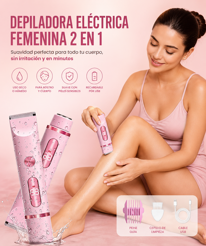 Depiladora Eléctrica Femenina 2 en 1 Recargable | Impermeable IPX6 para Rostro, Bikini y Cuerpo