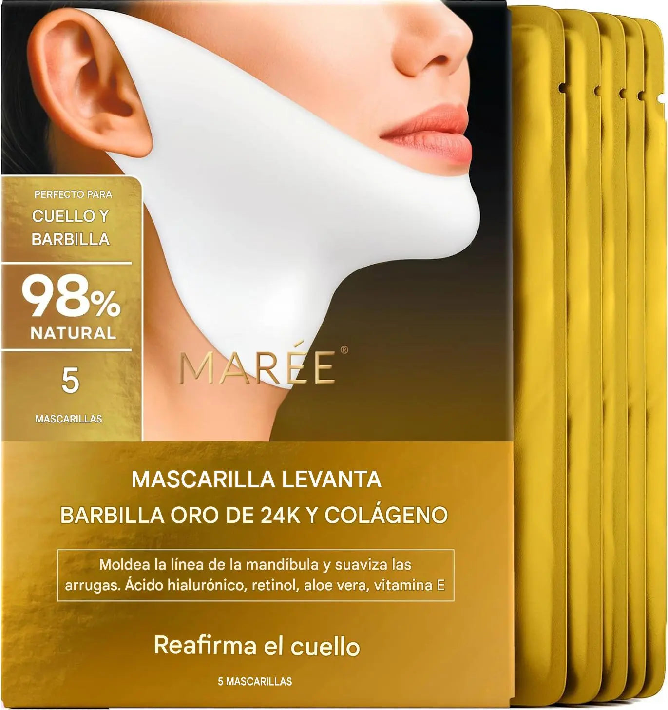 Mascarilla Lifting V-Line para Papada y Mandíbula con Colágeno, Oro 24K, Retinol y Ácido Hialurónico (Pack de 5)