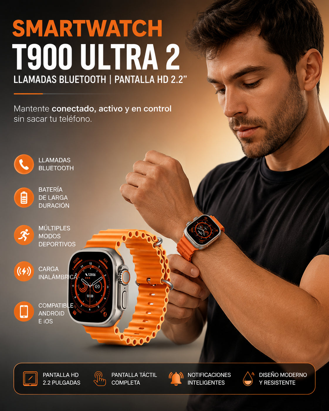 Smartwatch T900 Ultra 2 con Llamadas Bluetooth y Pantalla HD 2.2” – Compatible con Android y iPhone ⌚📱