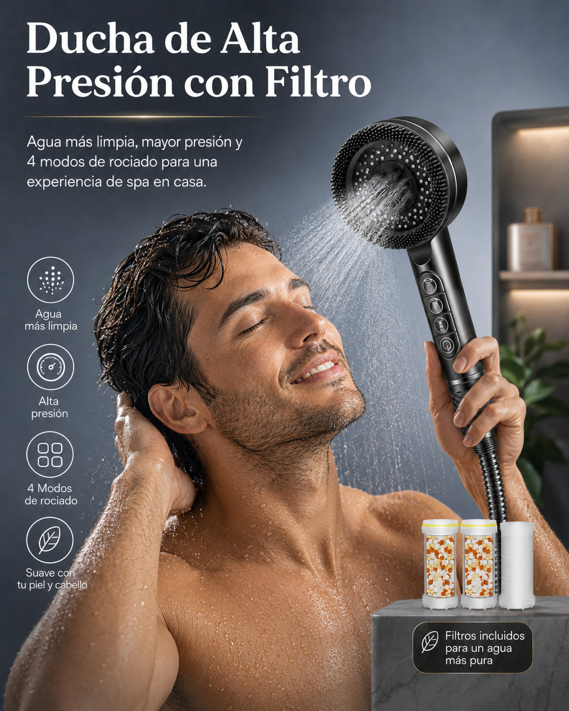 Cabezal de Ducha REETEE con Filtro, Alta Presión y 4 Modos de Chorro – Manguera de 1,5 m, Ahorro de Agua y Masaje Relax 🚿✨