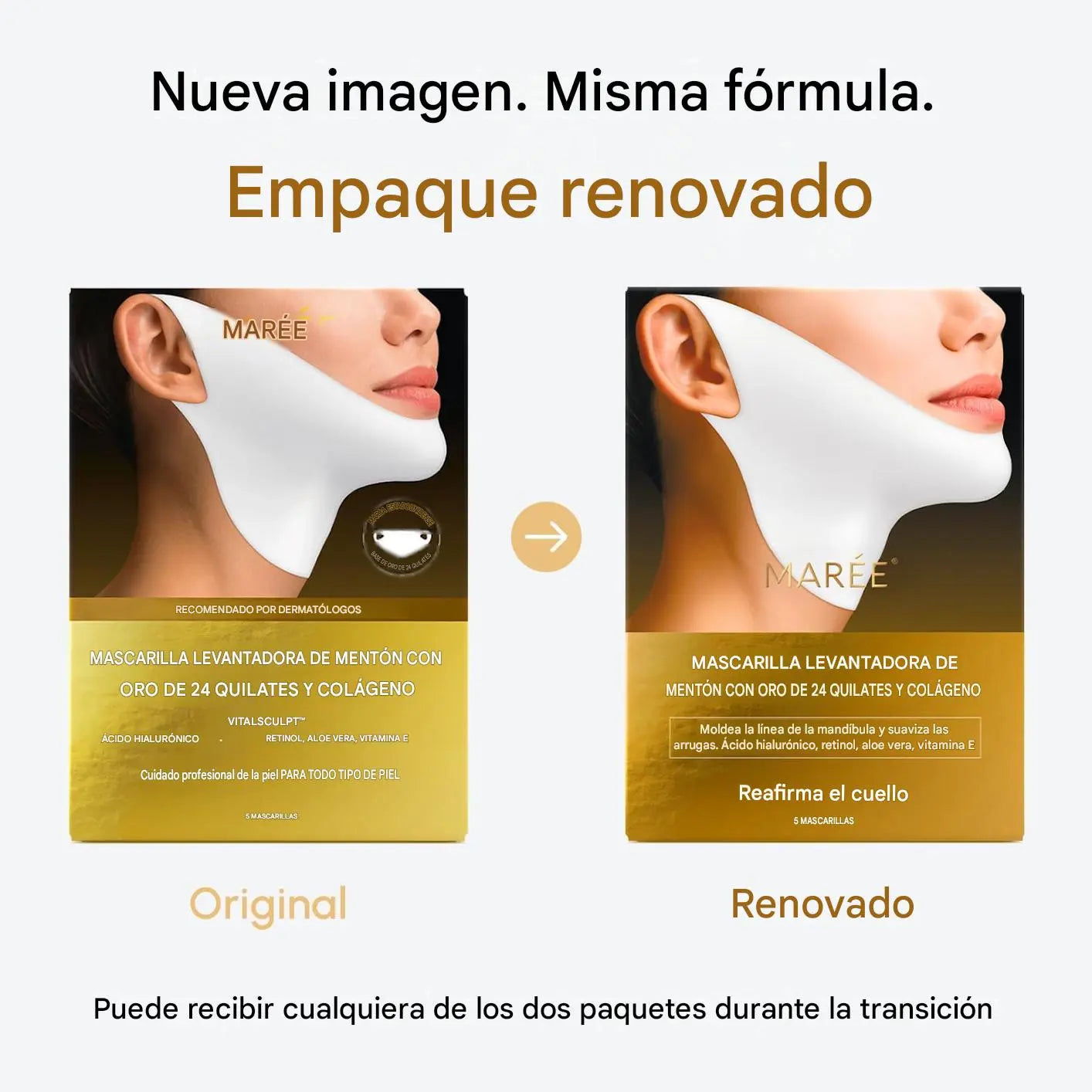 Mascarilla Lifting V-Line para Papada y Mandíbula con Colágeno, Oro 24K, Retinol y Ácido Hialurónico (Pack de 5)