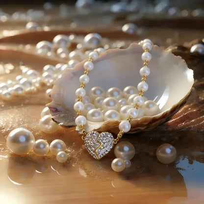 Collar Magnético de Corazón con Perlas y Brillo de Diamantes – Símbolo de Amor Eterno