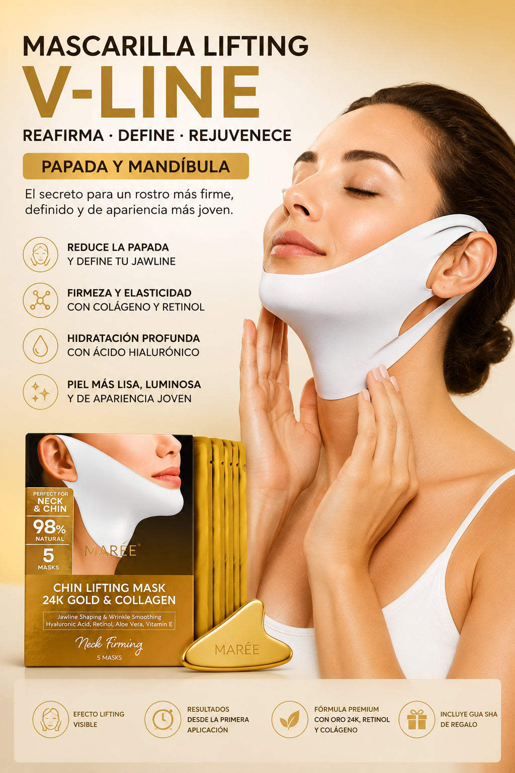 Mascarilla Lifting V-Line para Papada y Mandíbula con Colágeno, Oro 24K, Retinol y Ácido Hialurónico (Pack de 5)